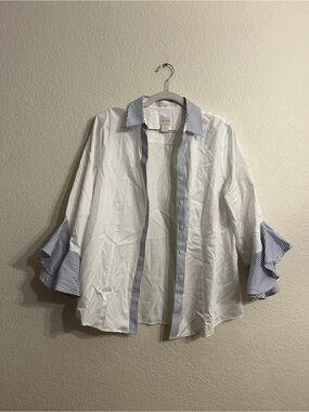 Chico's White Button-Down Shirt with Blue Stripe Trim